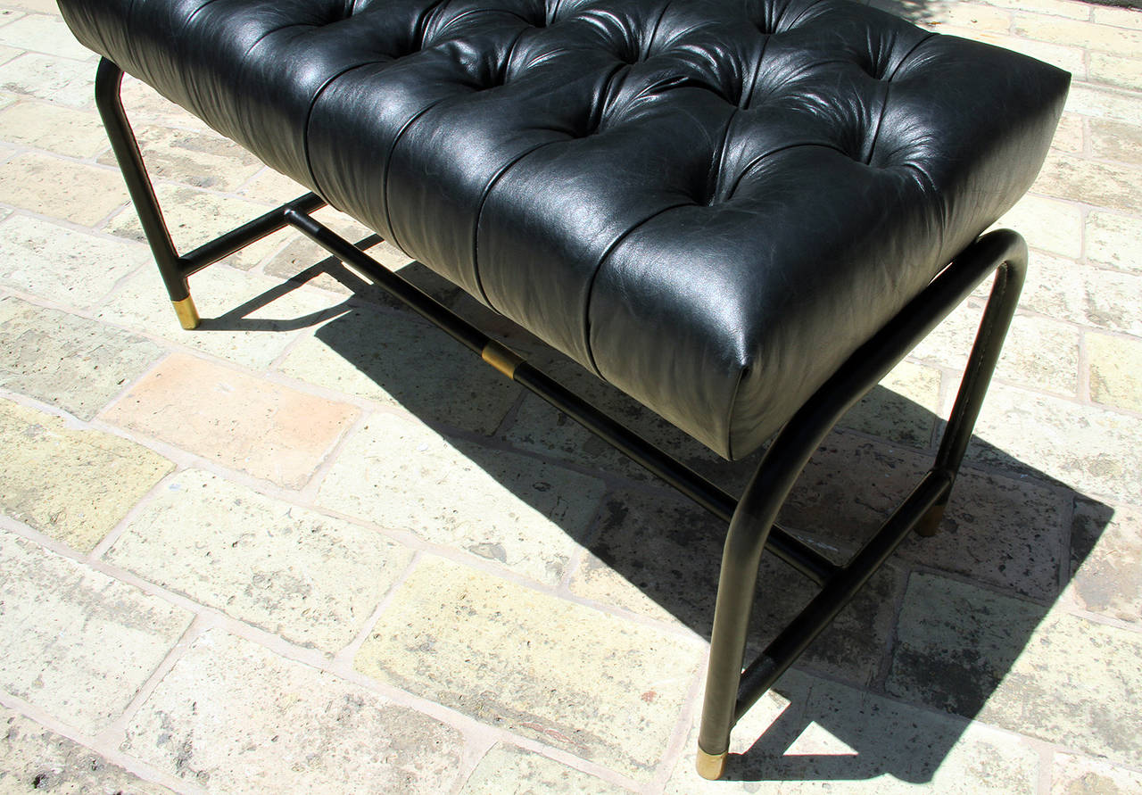 Jacques Adnet Style Leather and Brass Bench In Excellent Condition In Encino, CA