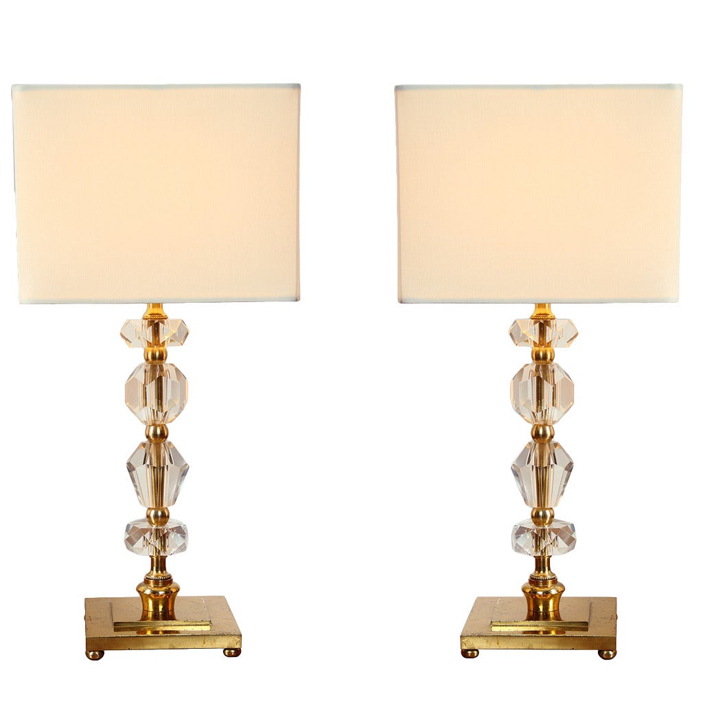 Pair of 1930 Bronze and Crystal Lamps from Prince de Galles Hotel