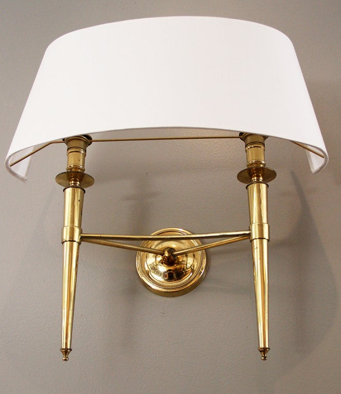 French Prince de Galles Hotel: Elegant 1940 Pair of Brass Sconces