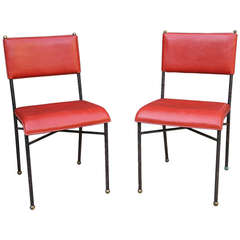 Jacques Adnet- Pair Red Leather Chairs Original Frame, France 1950