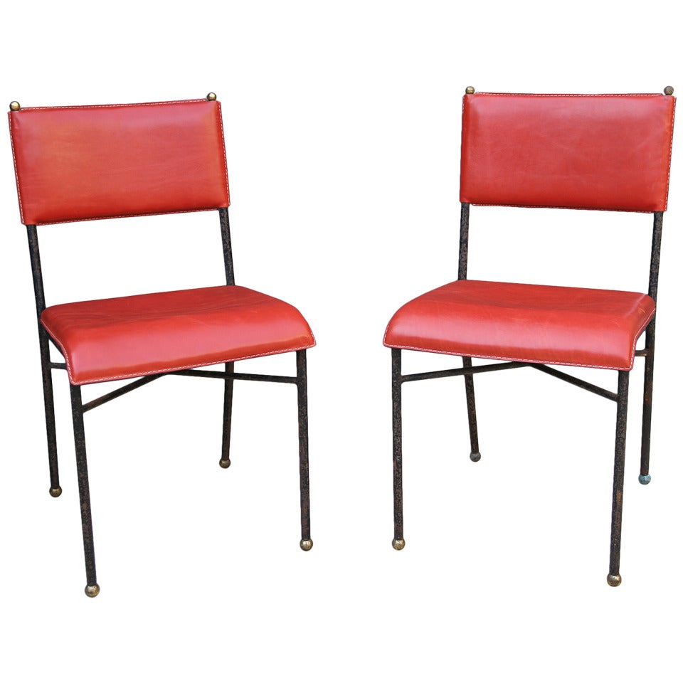 Jacques Adnet- Pair Red Leather Chairs Original Frame, France 1950