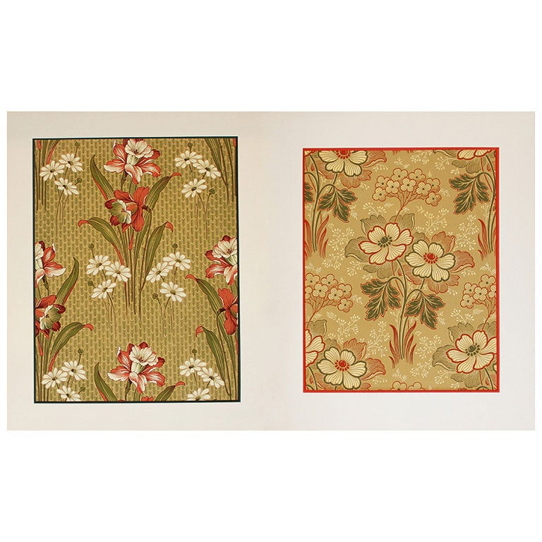 These gouaches are original, hand-painted prototypes used for textile and wallpaper designs. They come from a collection of a well-known French textile and wallpaper company that has since closed its doors. 

Pieces from the collection have