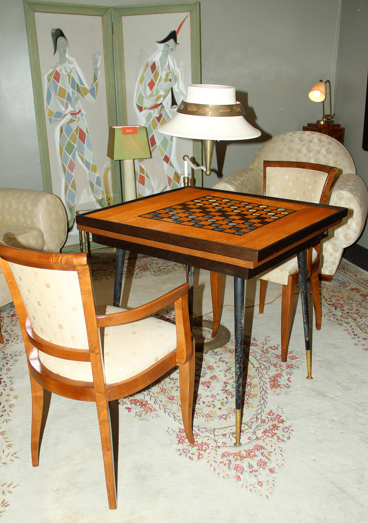 1940 Game Table with 40 Pieces, French Checkers Board For Sale at 1stdibs