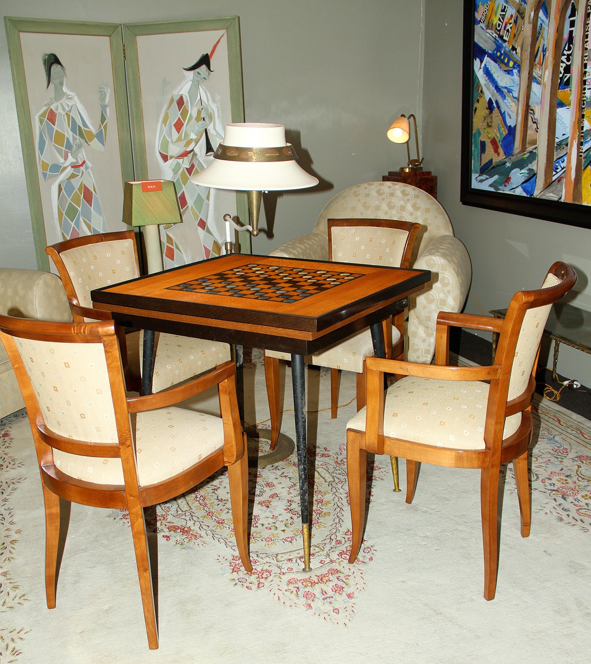 1940 Game Table with 40 Pieces, French Checkers Board For Sale at 1stdibs