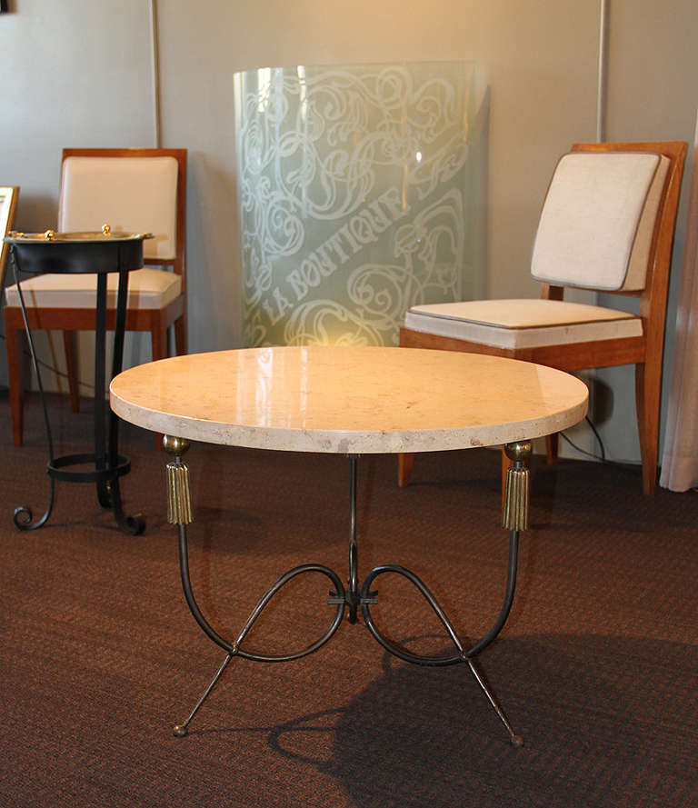 Elegant Wrought Iron and Gilt Bronze Coffee Table with Tassels, France, 1950 In Good Condition In Encino, CA
