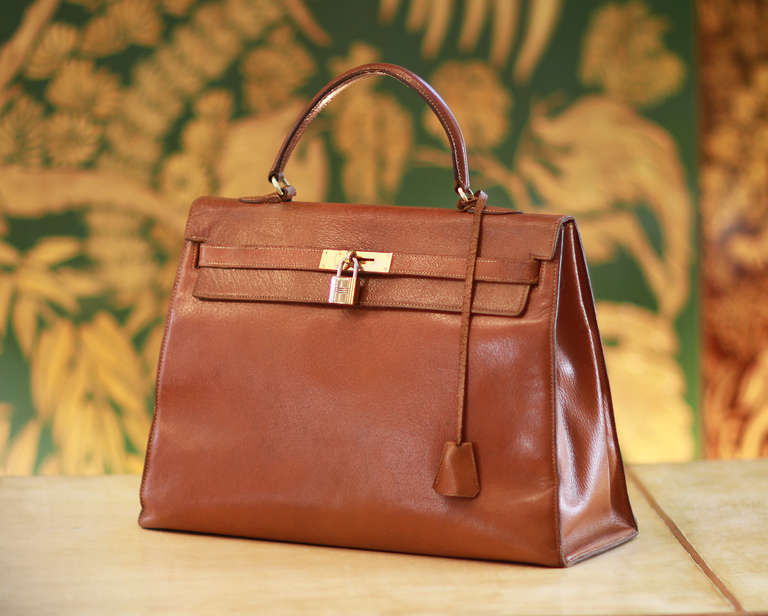 French Kelly Camel Leather Bag By Hermes