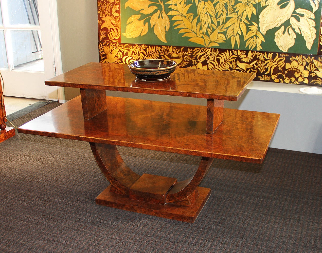 Jules Leleu (1883-1961).
Very rare and Fine Art Deco two tiered rectangular burled amboyna veneer side table by Jules Leleu, France, circa 1930.
The table is stamped.
The table has been refinished.
Bibliography:
Illustrated in several