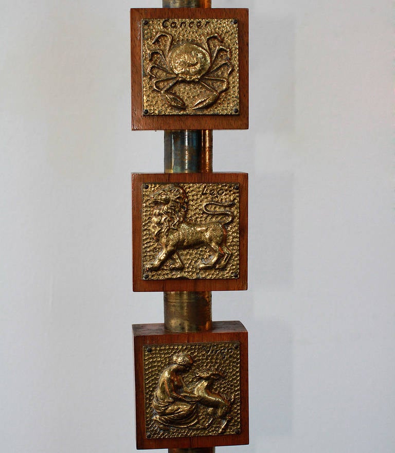 French Rare Floor Lamp with Bronze Zodiac Astrology Signs