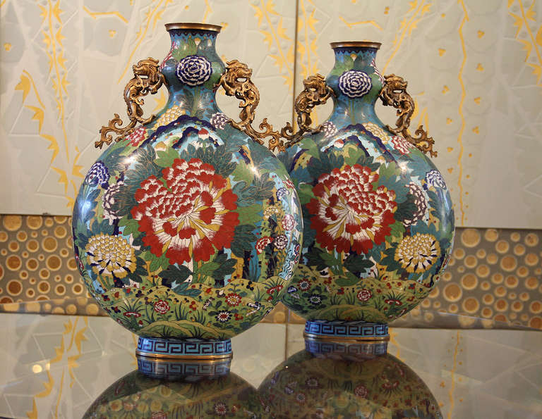 Cloissoné Spectacular Pair of 18thC. Chinese Cloisonné Moon Flasks