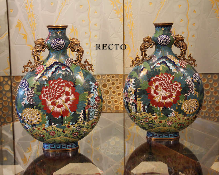 Spectacular Pair of 18thC. Chinese Cloisonné Moon Flasks In Excellent Condition In Encino, CA