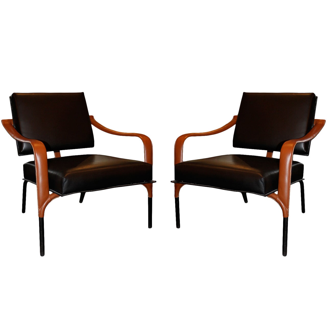 Jacques Adnet Pair of Leather Lounge Chairs, France, circa 1955