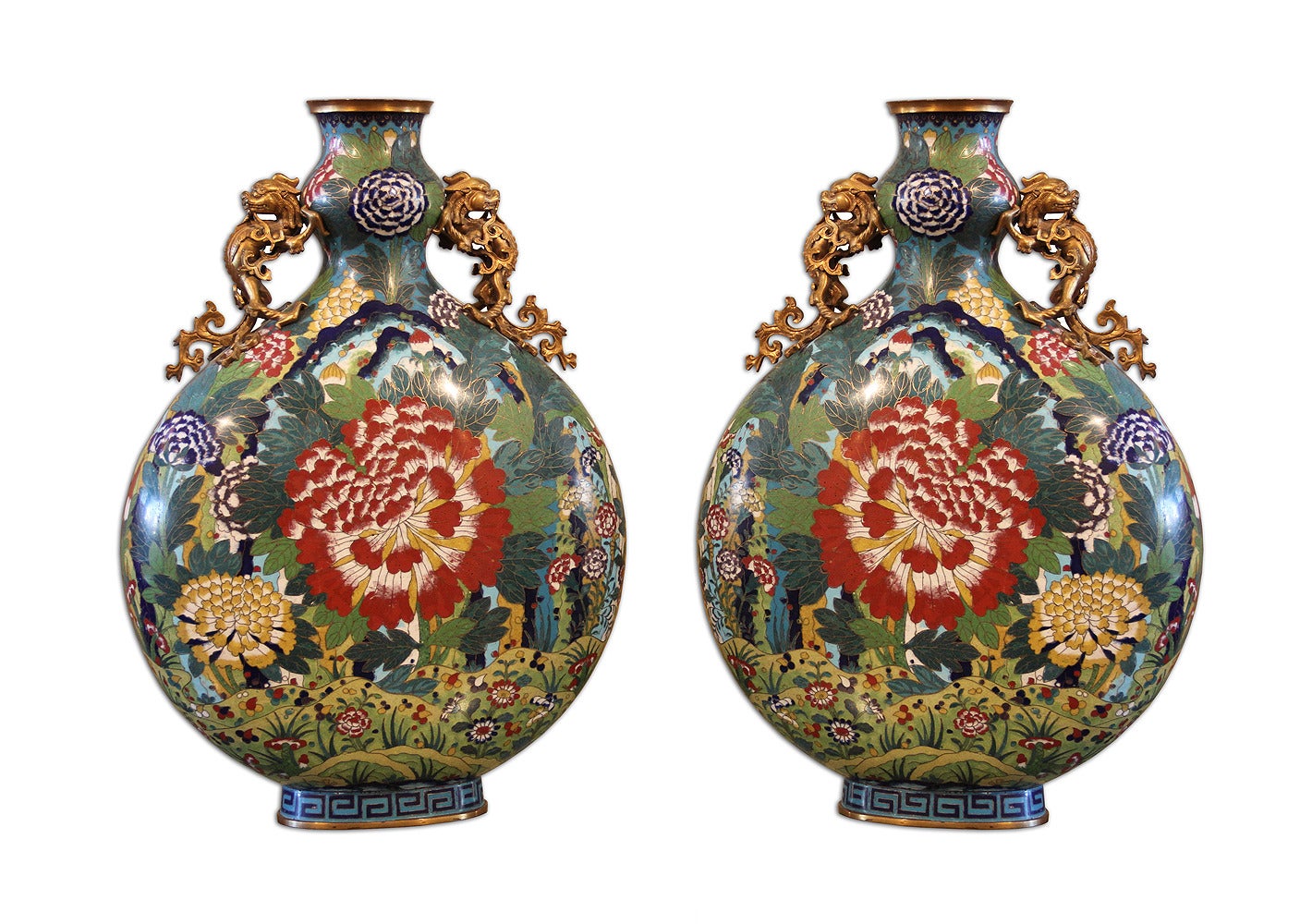 Spectacular Pair of 18thC. Chinese Cloisonné Moon Flasks