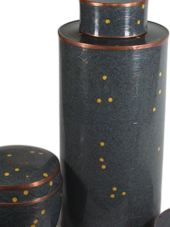 Great set of smoky blue with yellow dots cloisonné lidded vases signed Fabinne Jouvin over copper. (14