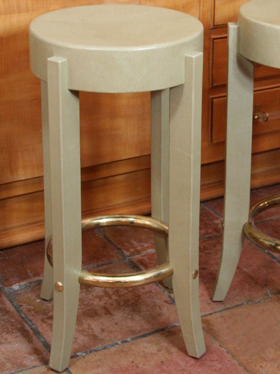 Signed Karl Springer bar stools/tables in 'shagreen' finish