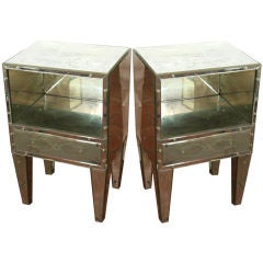 Pair of bevel mirrored end tables with glass rosettes