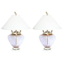 Large Italian Champagne Colored Seguso Glass Lamps with Horse Motif 4