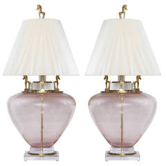 Large Champagne Colored Seguso Glass Lamps with Horse Motif