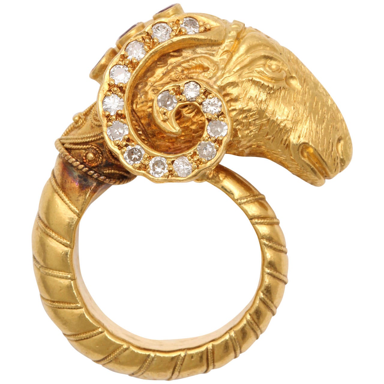 Etruscan Style Gold Ram's-Head Ring with Diamonds and Rubies For Sale ...