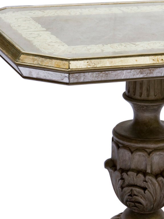 Pr of French reverse painted mirrored tables w/carved wood bases