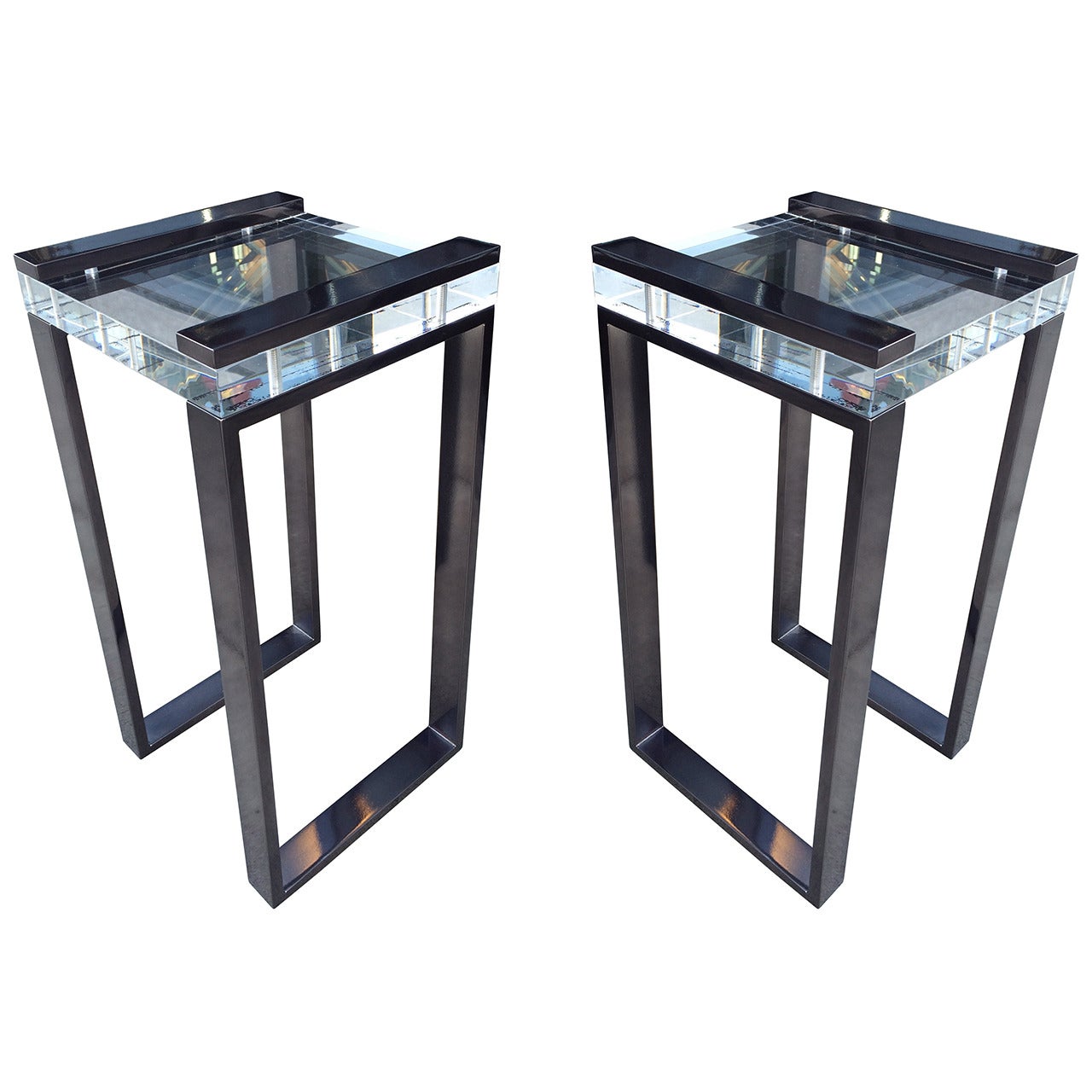 Pair of Charles Hollis Jones Side Tables in Lucite and Black Nickel, Signed