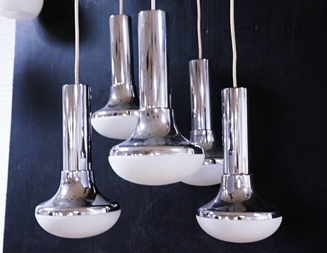 Mid-Century Modern Stunning Five-Arm Chandelier with Glass and Chrome Accents