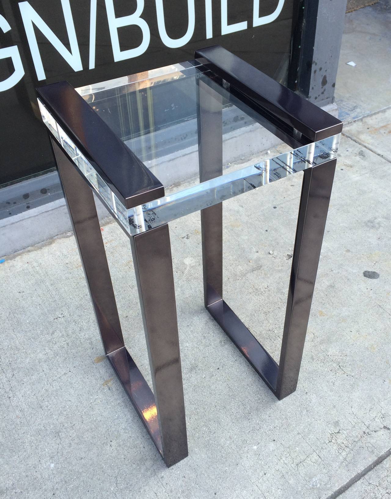 Plated Pair of Charles Hollis Jones Side Tables in Lucite and Black Nickel, Signed