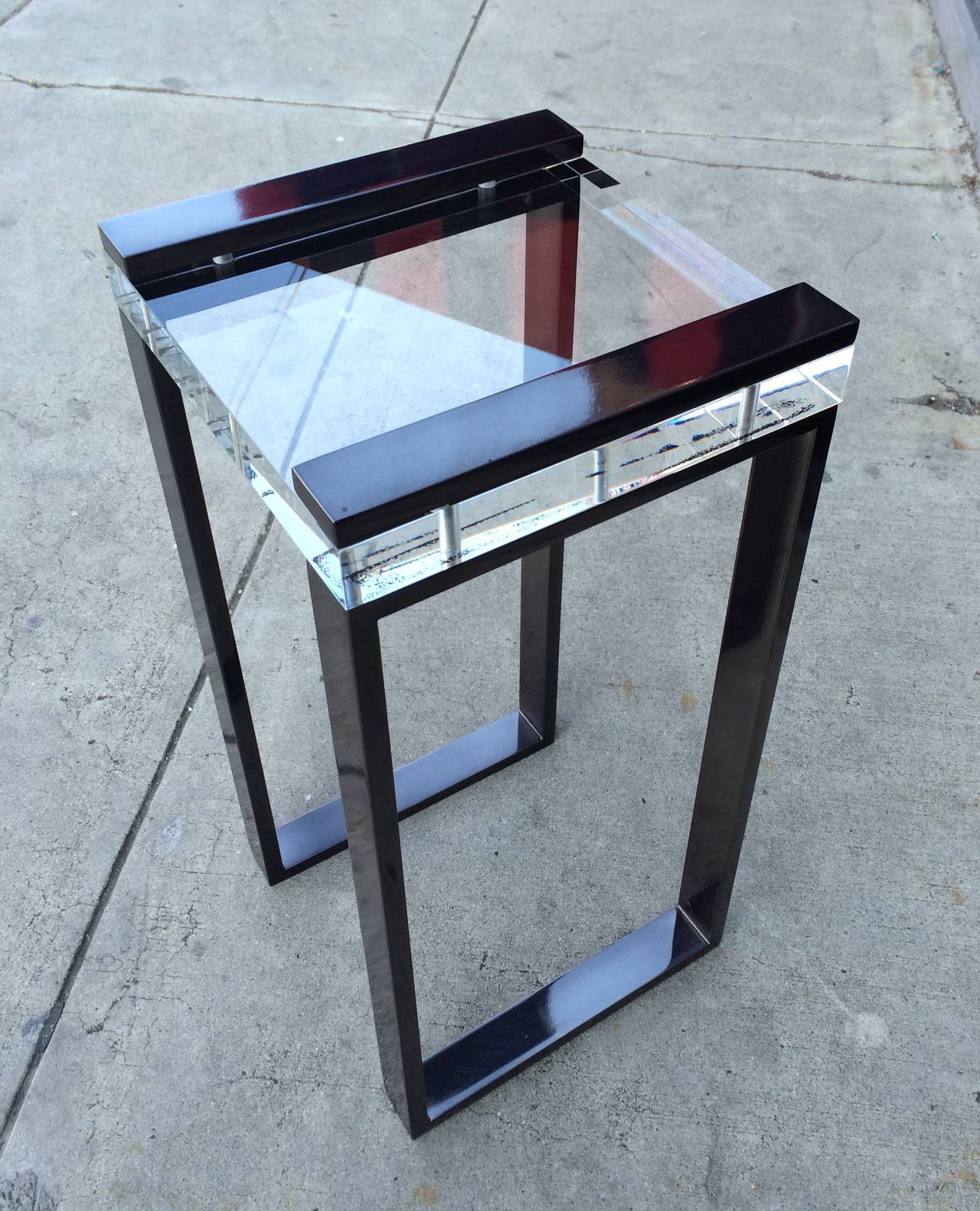 Contemporary Pair of Charles Hollis Jones Side Tables in Lucite and Black Nickel, Signed