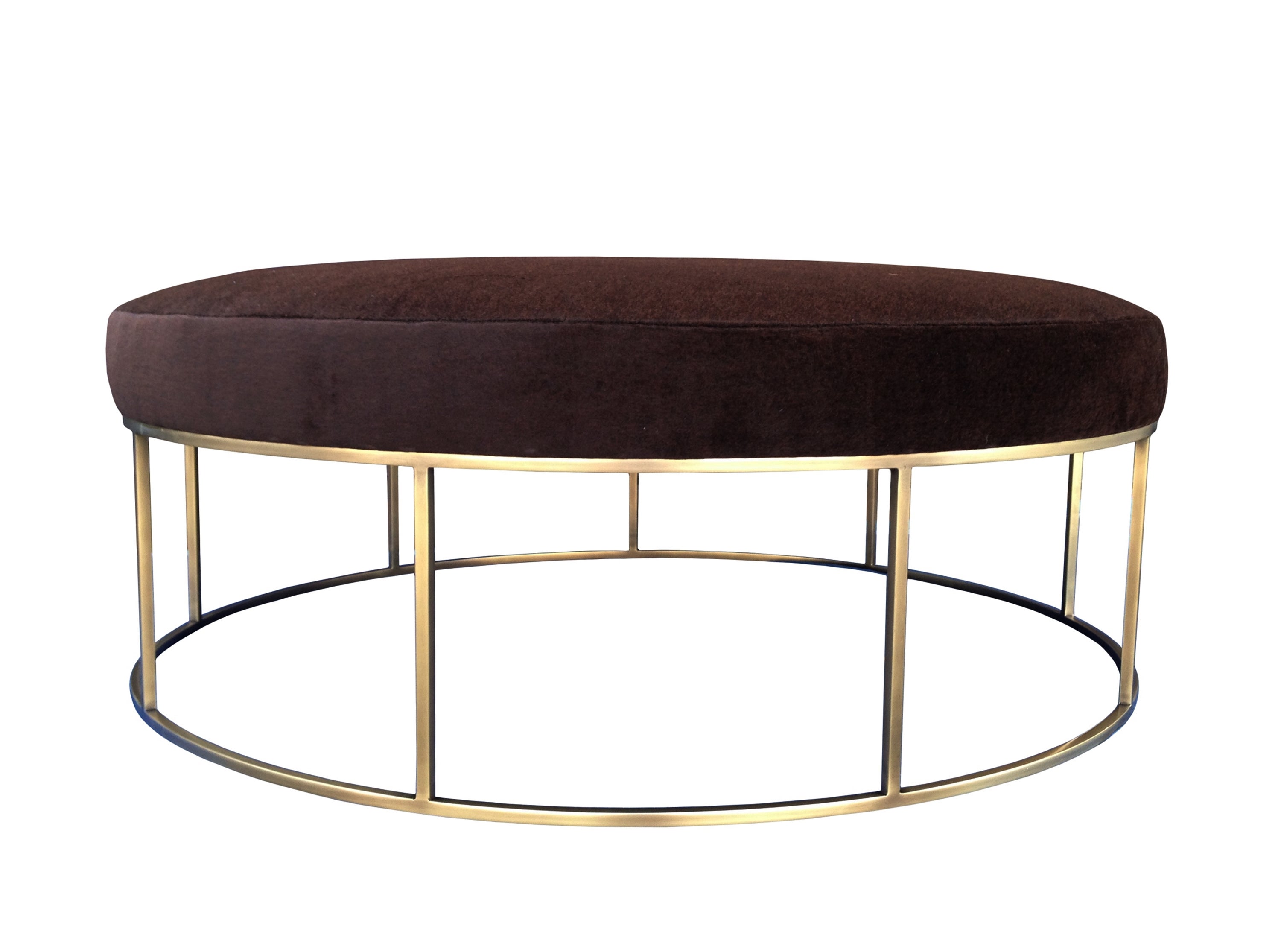 Stunning Custom Designed Round Ottoman with Solid Brass Base For Sale