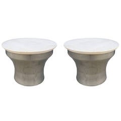 Karl Springer "Rain-Drum" Side Tables in Polished Steel and Marble 8
