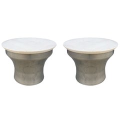 Karl Springer "Rain-Drum" Side Tables in Polished Steel and Marble