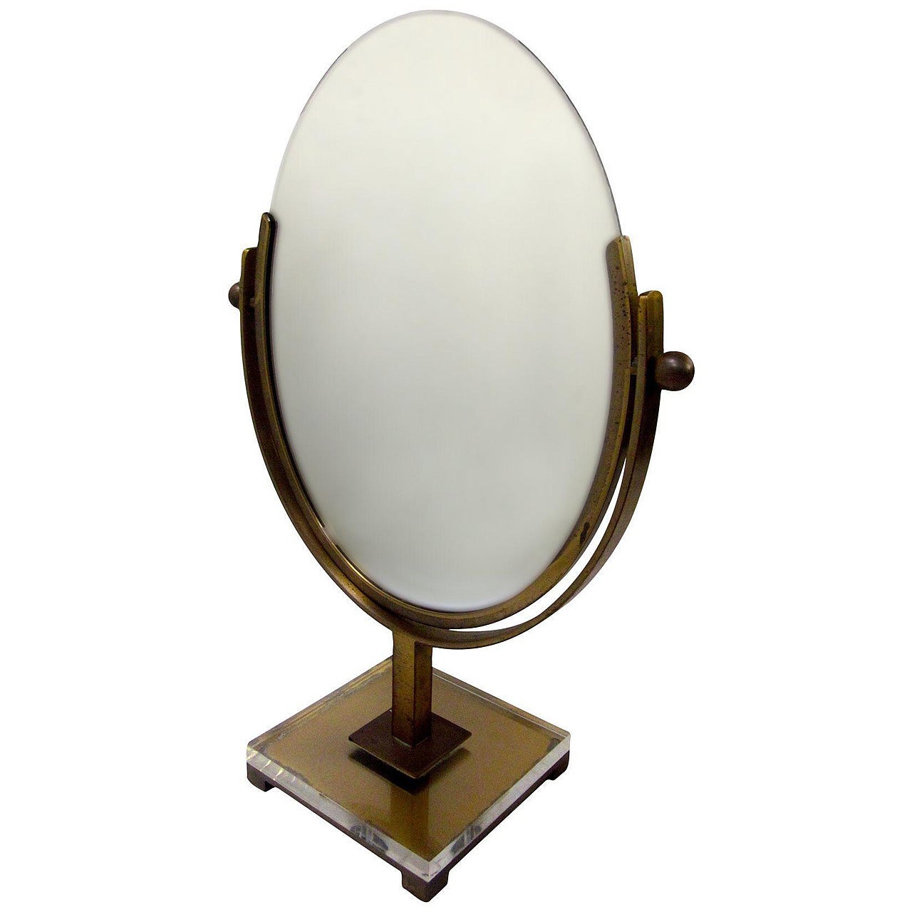 Double Sided Vanity Mirror by Charles Hollis Jones in Brass and Lucite, Signed For Sale