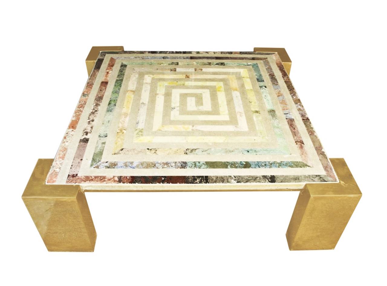 Marble and Brass Coffee Table with a Geometric Inlay For Sale at 1stdibs