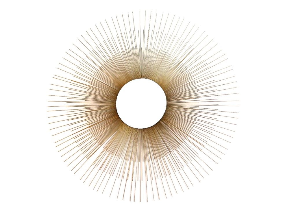 A huge modern metal art sculpture of a wall hanging mirror/wire sculpture. A beautiful piece of thin wire surrounding the mirror. The detail is sensational and the sunburst is round giving this an even dimensional effect. This would accent any of