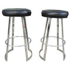 Charles Hollis Jones Pair of "Mathis" Bar Stools in Chrome and Naugahyde, Signed 11