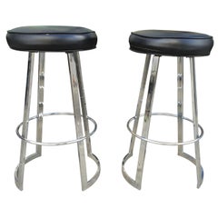 Charles Hollis Jones Pair of "Mathis" Barstools in Chrome and Naugahyde, Signed