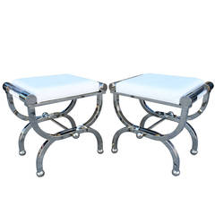 Charles Hollis Jones "Empire" Style Benches in Polished Nickel & Lucite 10