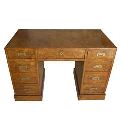 Burl Wood Italian Desk on a Plinth Base in the Campaign Style