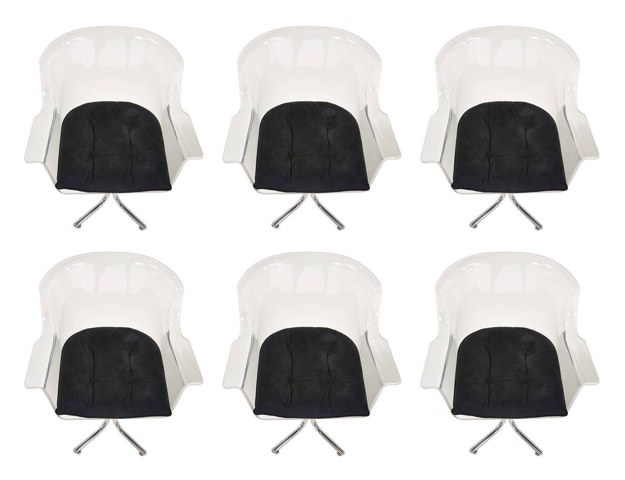 Fantastic set of six armchairs in Lucite and chrome designed by Leon Rosen and manufactured for Pace collection.
The chairs have beautiful lines, the Lucite and chrome show well, the suede seats are in good condition and they may need to be