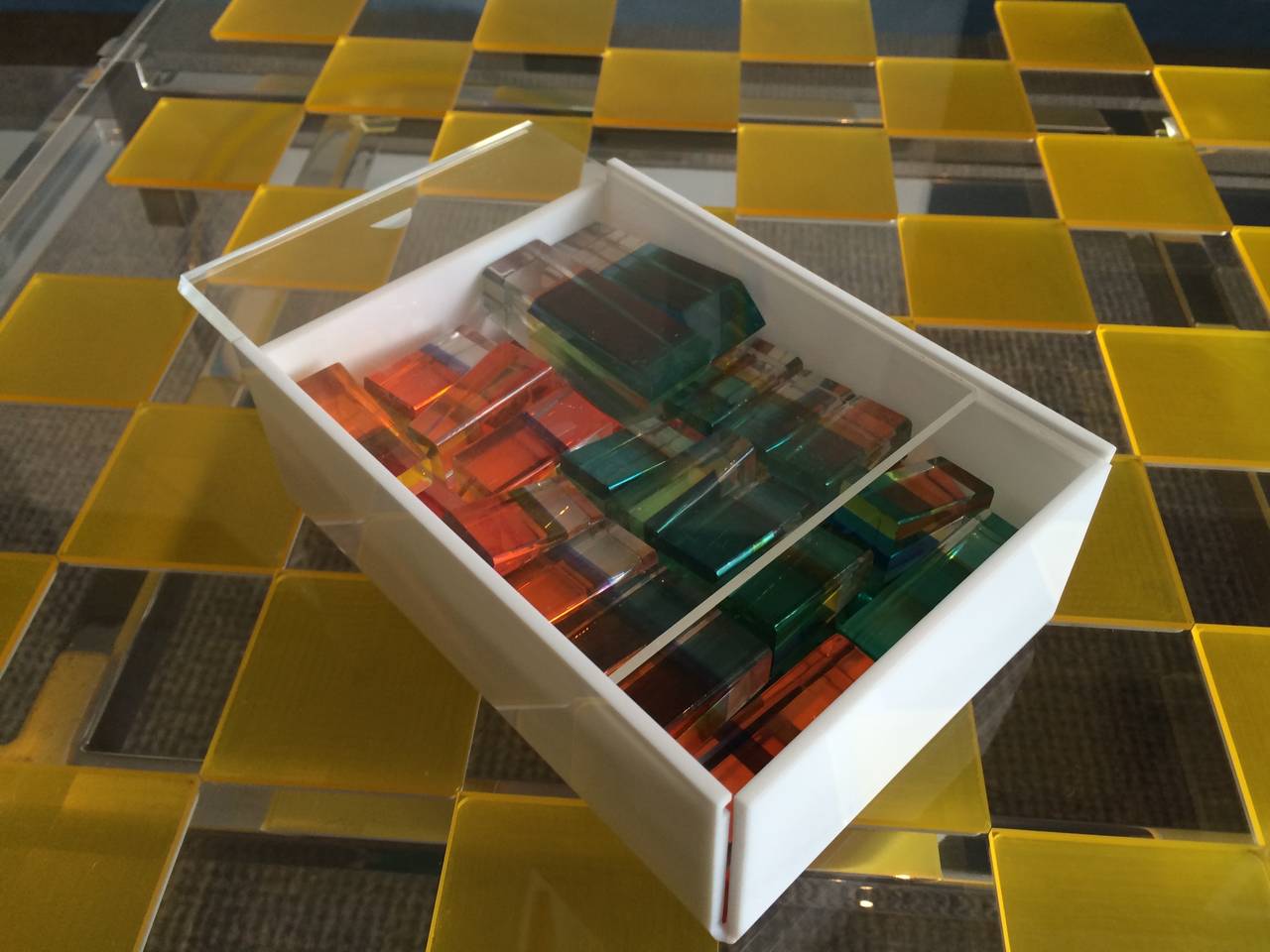 Mid-20th Century Charles Hollis Jones Lucite Chess Set with Original Nickel Base and Box, Signed For Sale