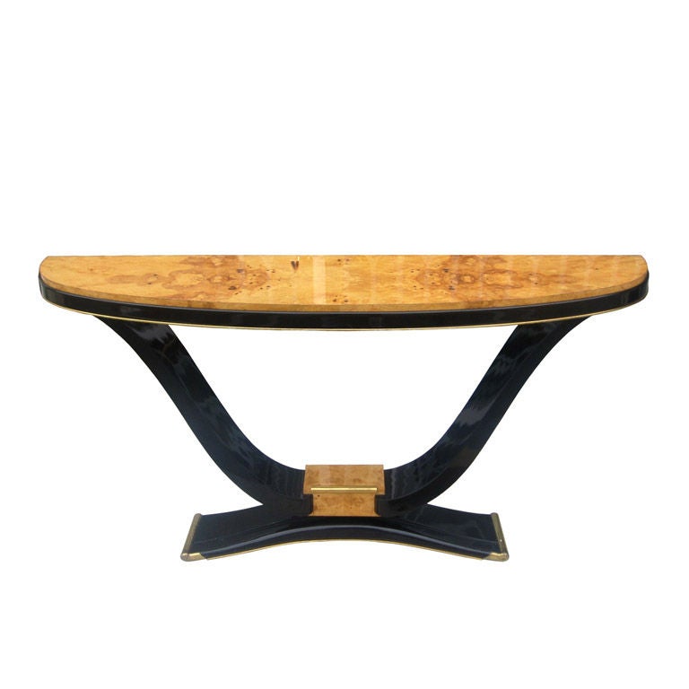 French Art Deco Burl Wood & Black Lacquered Console Table