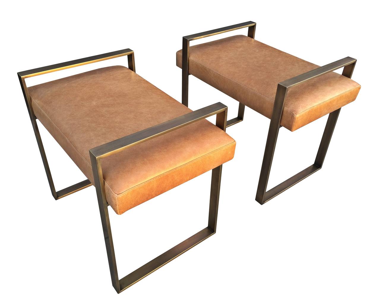 Mid-Century Modern Pair of Charles Hollis Jones Benches in Solid Brass, Signed and Dated For Sale