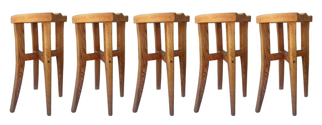 Beautiful set of five stools designed and handmade by Victor DiNovi from Santa Barbara California in 1978.
These stools have beautiful architectural lines and they are very sturdy.
The stools are hand signed and dated by the artist, DiNovi is been