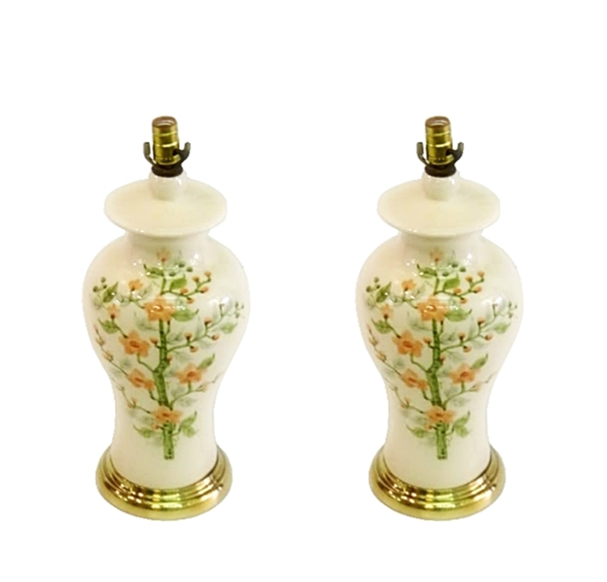 Pair of Porcelain and Brass Lamps with Floral Motif by Eddy Chulick