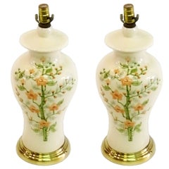Pair of Porcelain and Brass Lamps with Floral Motif by Eddy Chulick 1