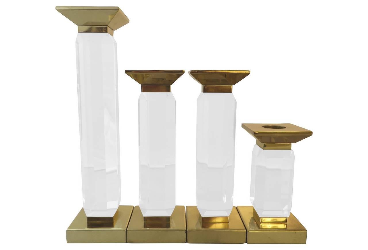 Mid-Century Modern Set of Four Lucite and Brass Candlesholders by Charles Hollis Jones, Signed For Sale