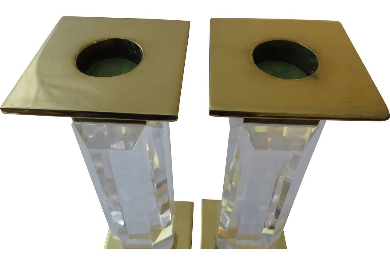 American Set of Four Lucite and Brass Candlesholders by Charles Hollis Jones, Signed For Sale