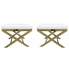 Pair of "X" Frame Benches in Solid Brass by Charles Hollis Jones, Signed