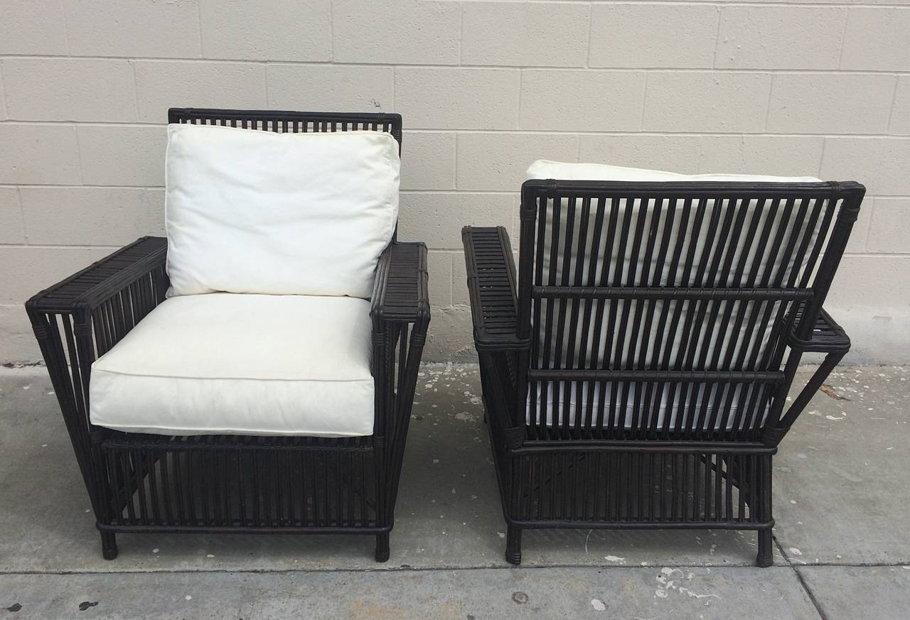 Fantastic Pair of Wicker / Bamboo Patio Chairs Upholstered in White Sunbrella at 1stDibs