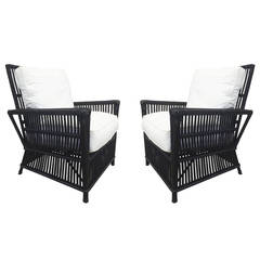 Vintage Fantastic Pair of Wicker / Bamboo Patio Chairs Upholstered in White Sunbrella