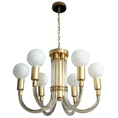 Charles Hollis Jones Six-Arm Chandelier in Brass and Lucite, Signed and Dated 6